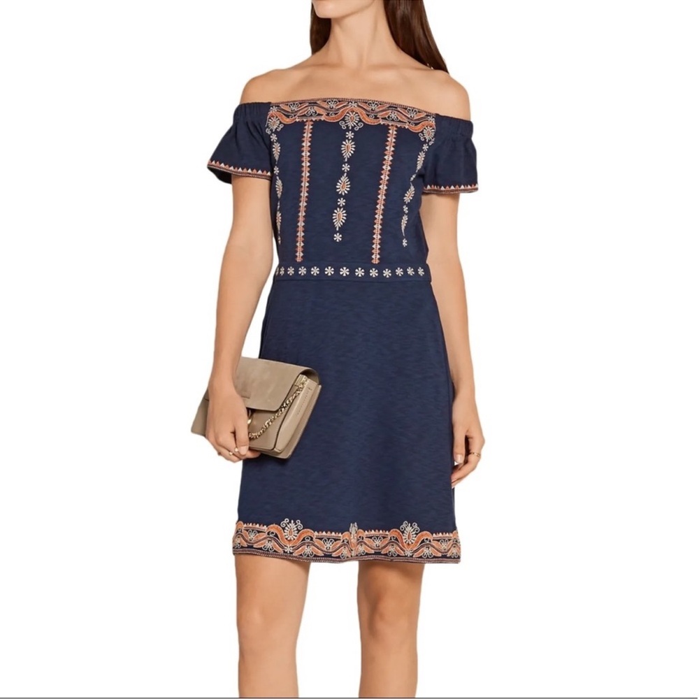 Tory Burch Nell off-the-shoulder embroidered cotton mini dress in navy blue